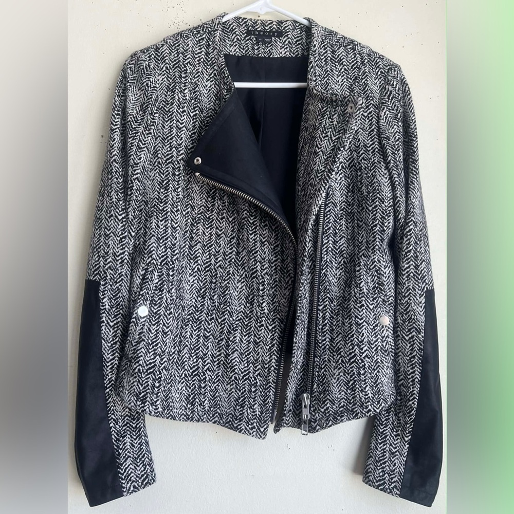 Theory Black & White Herringbone Moto Jacket